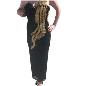 Mezza Luna By Modi Vintage Black and Gold Beaded, Sequin Detailed Formal Dress